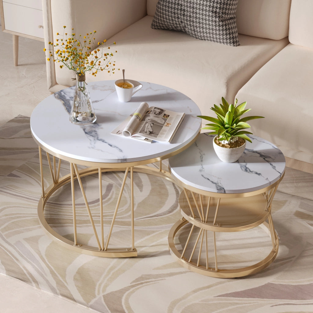 Tavolino da salotto rotondo 70x70x45 cm; set 2 pezzi sovrapponibile; tavolino salotto oro con metallo e piano effetto marmo nero