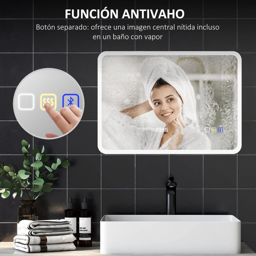 Specchio da Bagno con LED e Bluetooth ¨C zephmum ¨C 70x50 cm, Bianco, 3 Colori, Antivaho