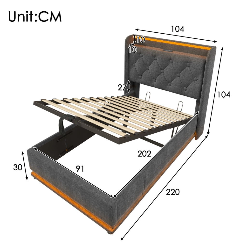 Letto imbottito singolo 90x200 cm con LED; USB Type-C e contenitore; tessuto lino grigio