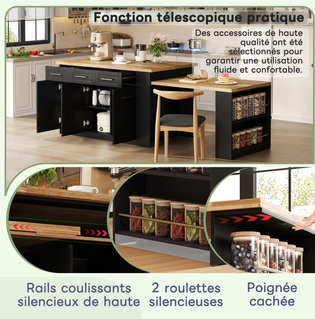 Isola cucina moderna 150x90x90 cm con tavolo estraibile; MDF naturale e nero