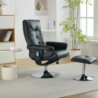 Poltrona relax, reclinabile e massaggiante a 5 punti, con funzione di riscaldamento elettrico e poggiapiedi, girevole a 360°, in tessuto PU, 75x76x103 cm, Nero