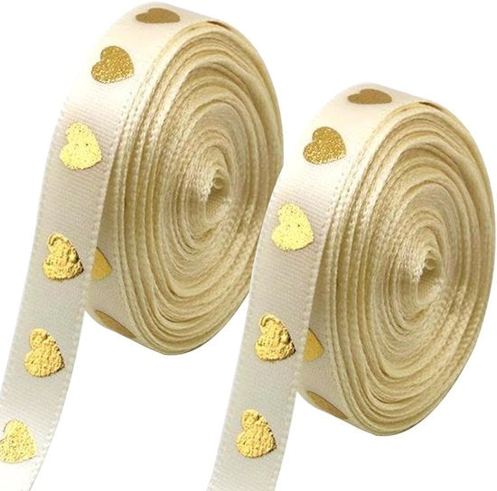 Cadeaulint a doppia bobina 10 m - Lint satinato - Cuore in oro - Decorazioni per regali - Matrimonio - Attività di fai da te - Lint decorativo