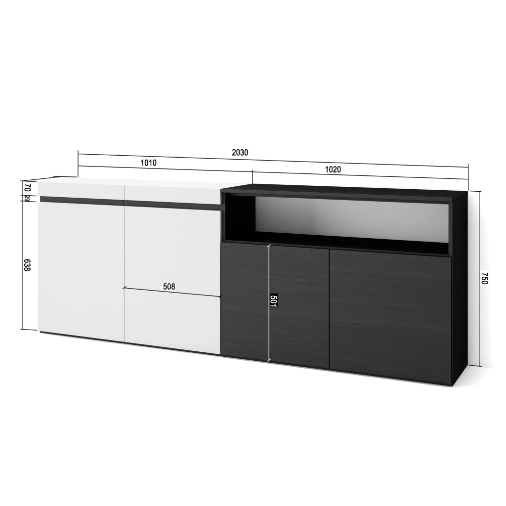 Credenza, Mobile, 200x35x75cm, 4 Porte, grande stoccaggio, Bianco e nero RF2395