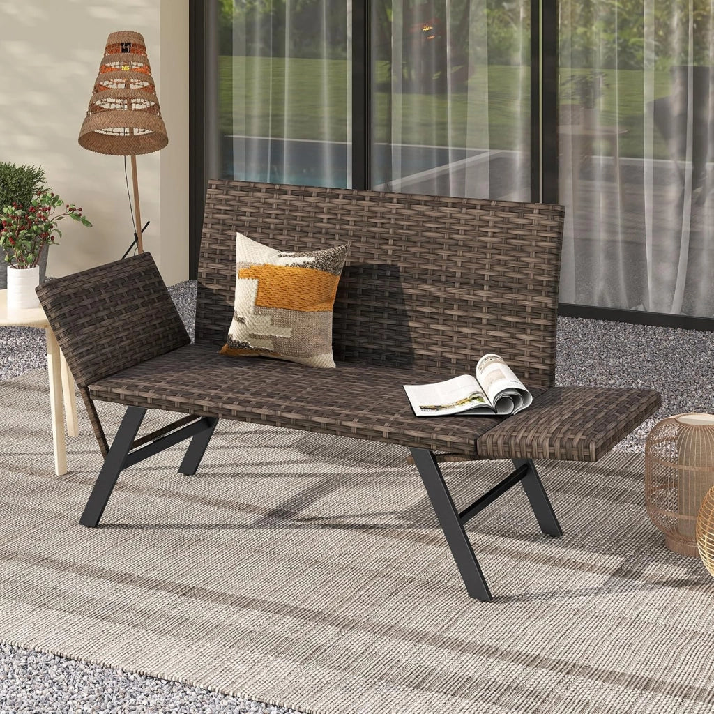 Divano da giardino in rattan a 2 posti, panca convertibile da esterno con braccioli regolabili, design intrecciato, lunghezza 163-178 cm, carico 300 kg, lettino da giardino per terrazza