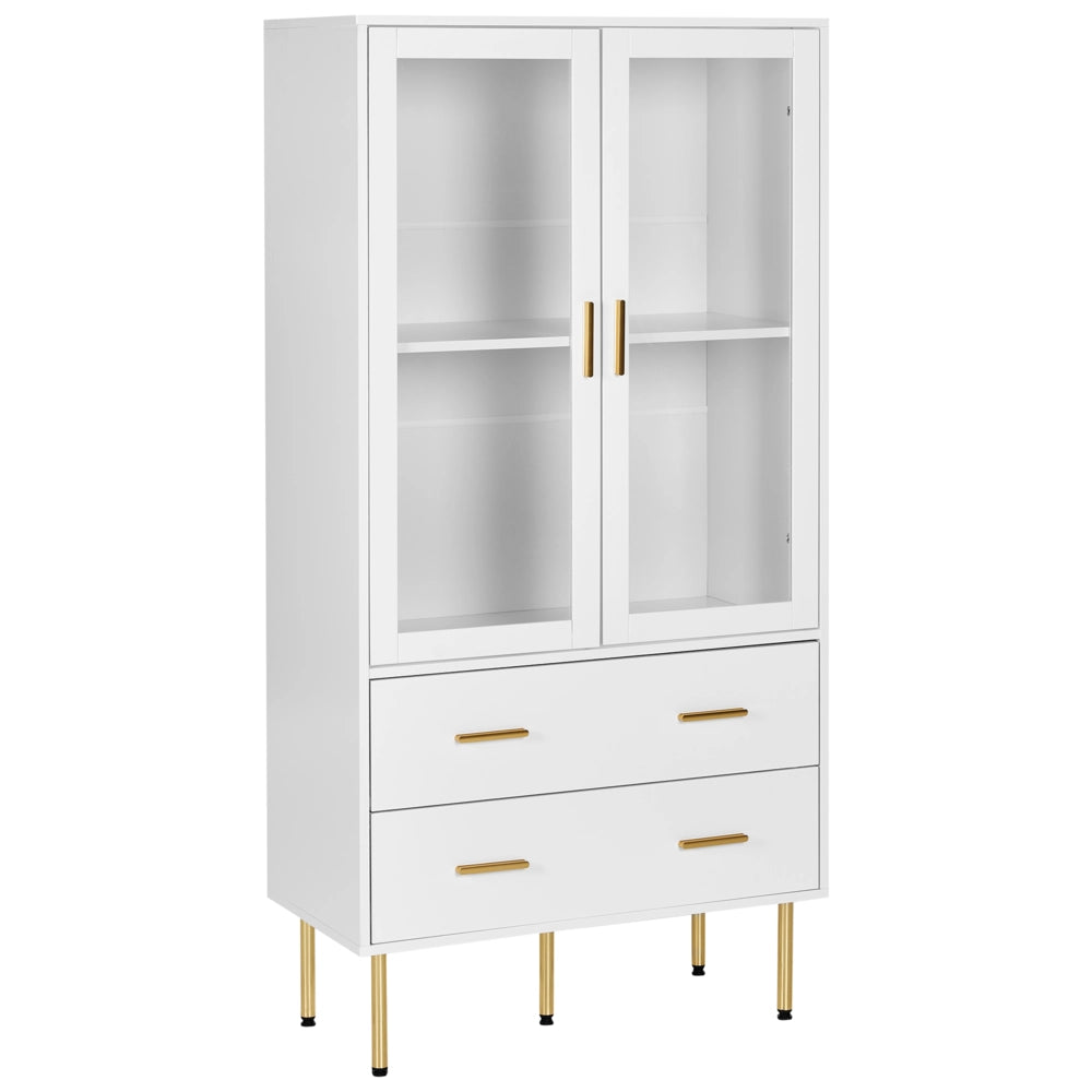Vetrinetta in MDF bianco con ante in vetro e 2 cassetti Accenti dorati