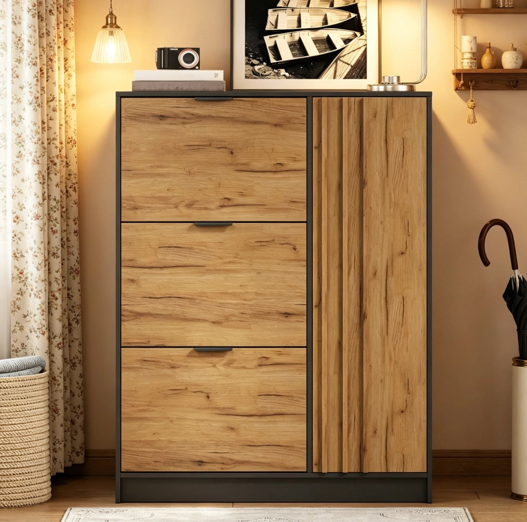 Scarpiera in MDF 100x30x130 cm, naturale e nero