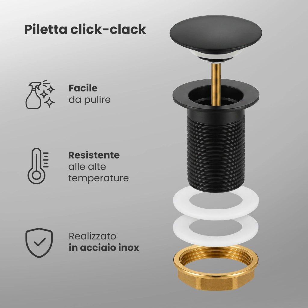 Piletta Click Clack lavabo senza troppo pieno acciaio inossidabile Nero
