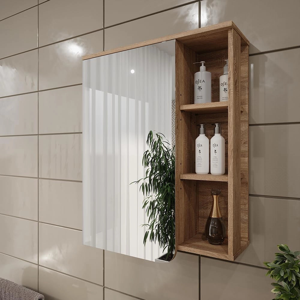 Mobile a specchio Karen, Sonoma/Bianco, 60 x 75 cm, con specchio e ripiani aperti per montaggio a parete