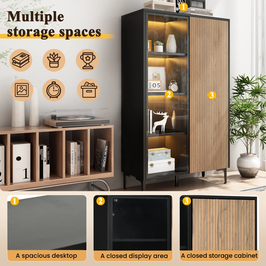 Vetrina con 2 ante 8 vani vetro temperato LED RGB con app Bluetooth MDF nero e legno 90 × 40 × 135 cm