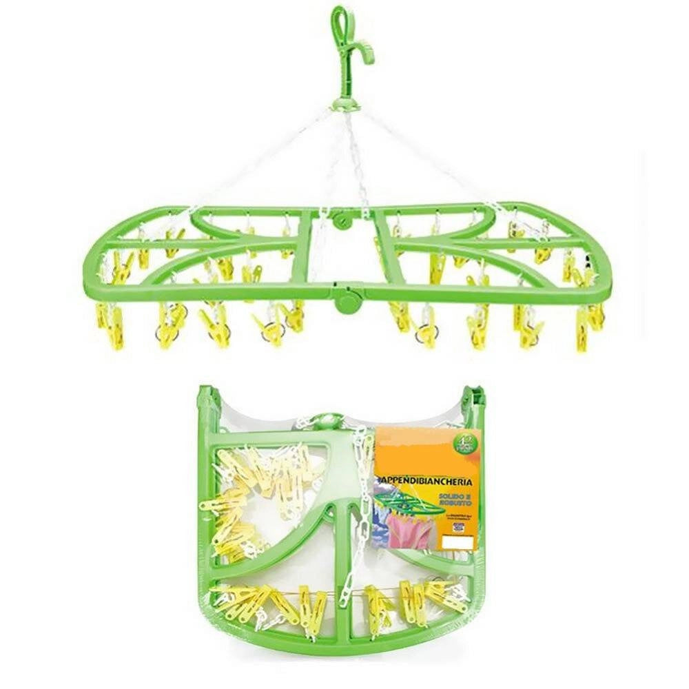 Trade Shop - Appendibiancheria Con Gancio 24 Pinze Mollette In Plastica Stendino Richiudibile -