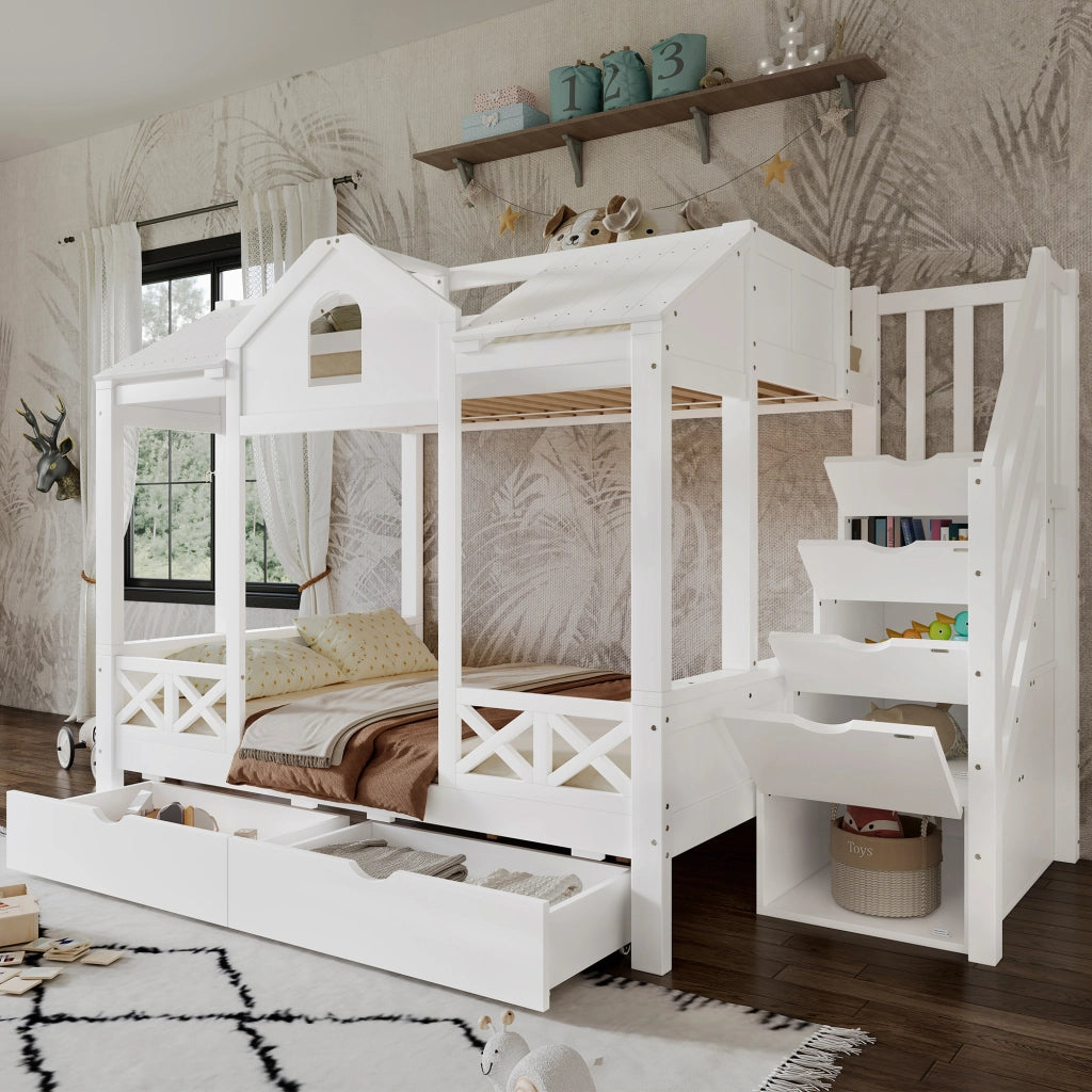 OKWISH Letto a castello 90×200 cm e 140×200 cm, Letto 3 Posti con 2 Cassetti, Mobile Scala e Design Casetta, senza Materasso