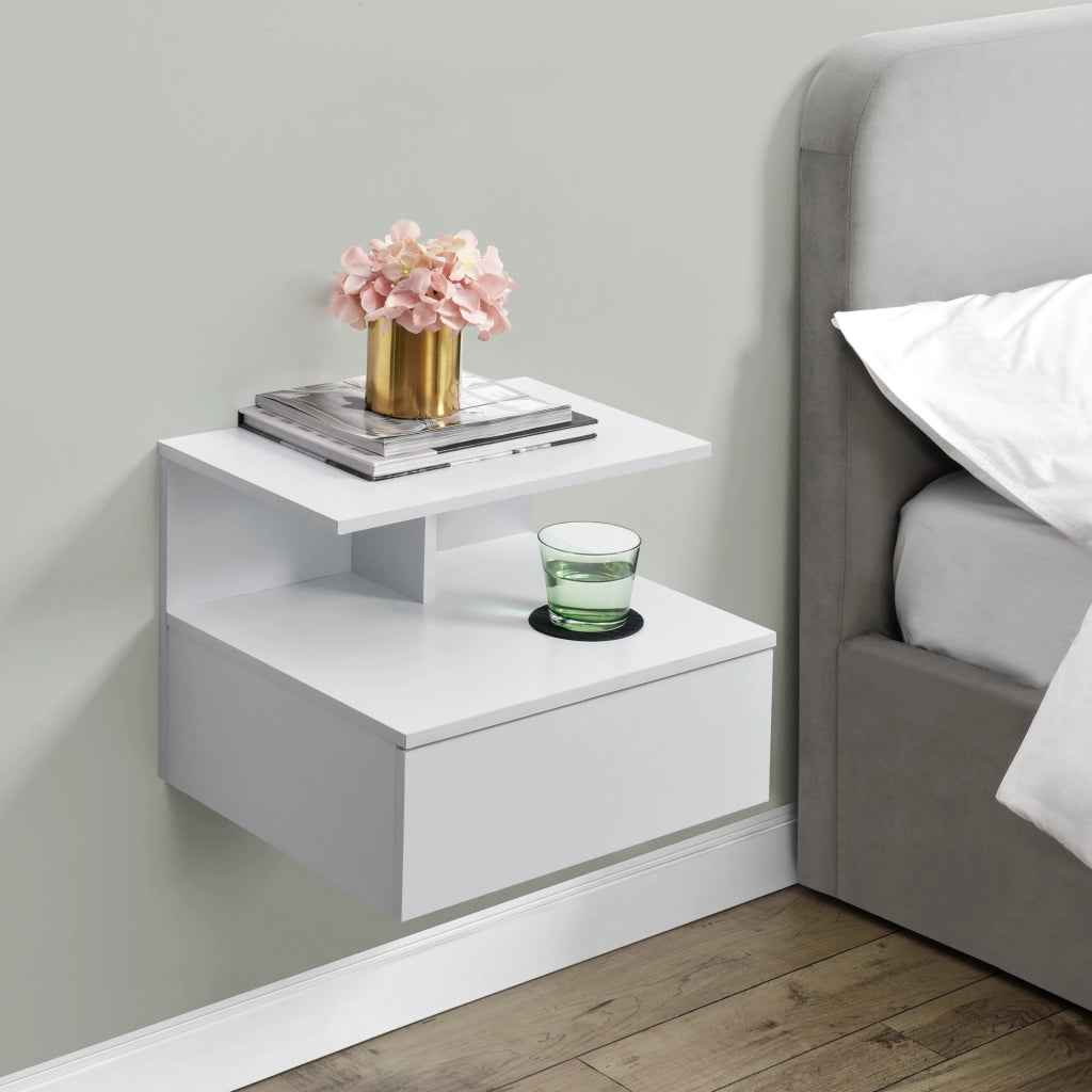 Comodino da Parete Amberg con Cassetto e Ripiani 40x35x31 cm - Bianco [en.casa]