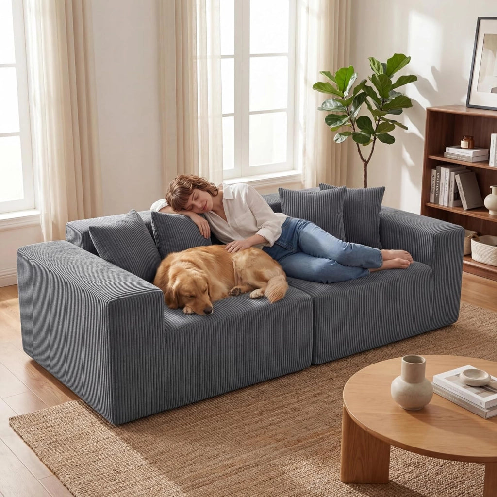 Divano Letto 2 Posti 204 X 89 X 64 CM, Divanetto da Pavimento Imbottito con 4 Cuscini, Velluto a Coste e Schiuma ad Alta Elasticità, Divano Modulare con Braccioli Comodi per Soggiorno