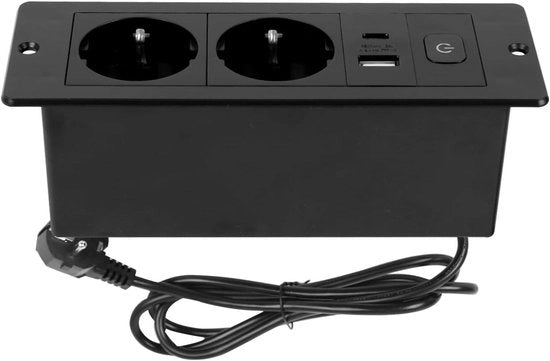 Contatto di corrente nascosto con 2 ingressi USB, nero, incastrabile, doppio, cavo 15 m - per mobili o tavoli di lavoro, cucina a muro