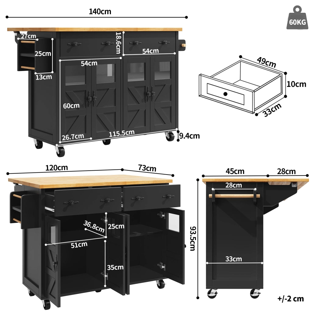 Carrello da Cucina con 1 Cassetto e Ripiani Regolabili; 5 Ruote con Freno; per Cucina e Soggiorno; Nero