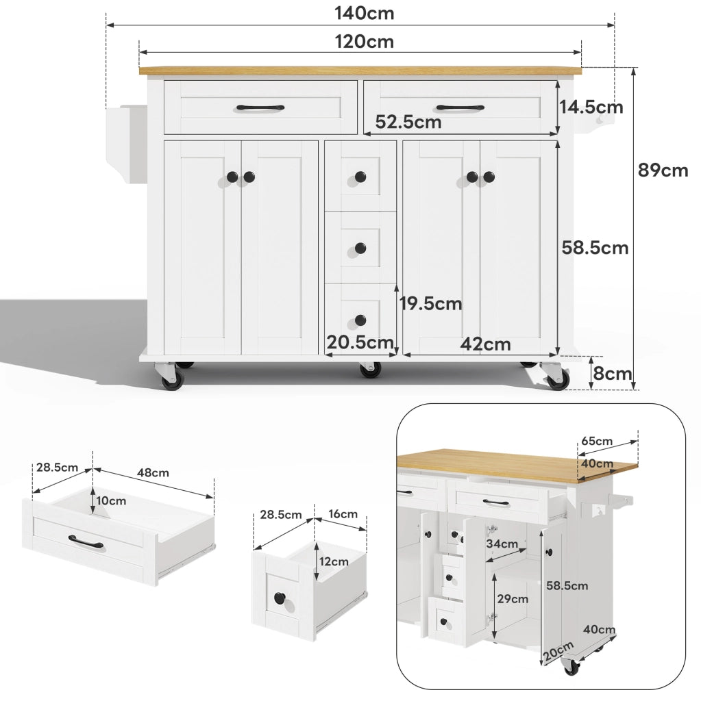 Carrello da cucina multifunzione con piano ribaltabile 140x40(65) cm in MDF bianco e naturale
