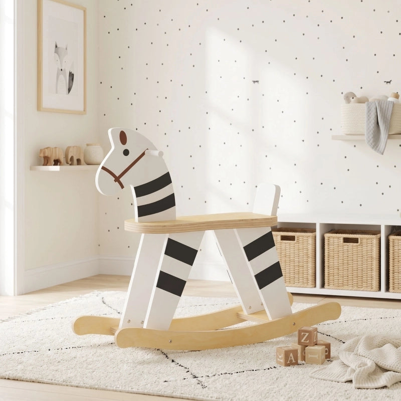 Cavallo a dondolo, animale a dondolo per bambini con maniglie e schienale a forma di pony per bambini da 1,5 a 3 anni, bianco e nero