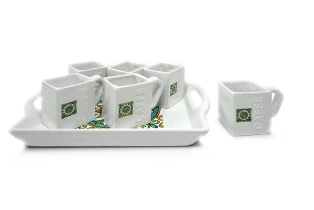 Set Caffè 6 Tazzine Tazze con Vassoio in Ceramica Decoro Fiore