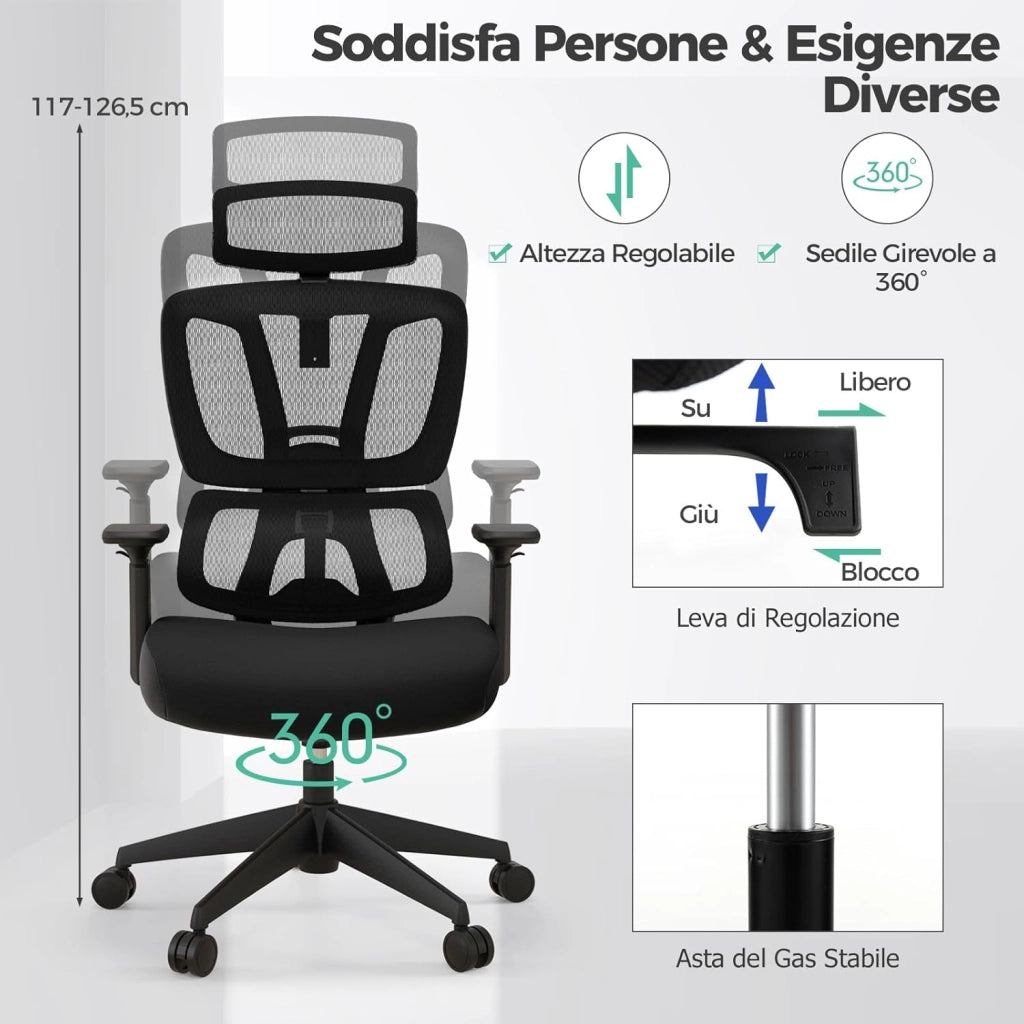 Sedia da Ufficio Ergonomica, Sedia da Scrivania Regolabile e Inclinabile, Sedia Girevole in Rete Traspirante, con Poggiatesta e Braccioli Regolabili, 72 x 72 x 117-126,5 cm