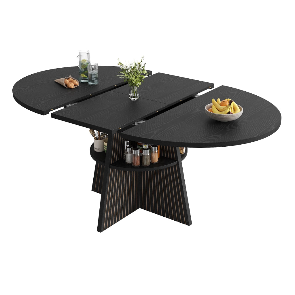 Tavolo da pranzo allungabile con vano aperto e angoli arrotondati per soggiorno e cucina; nero; 110-150 × 110 × 76 cm