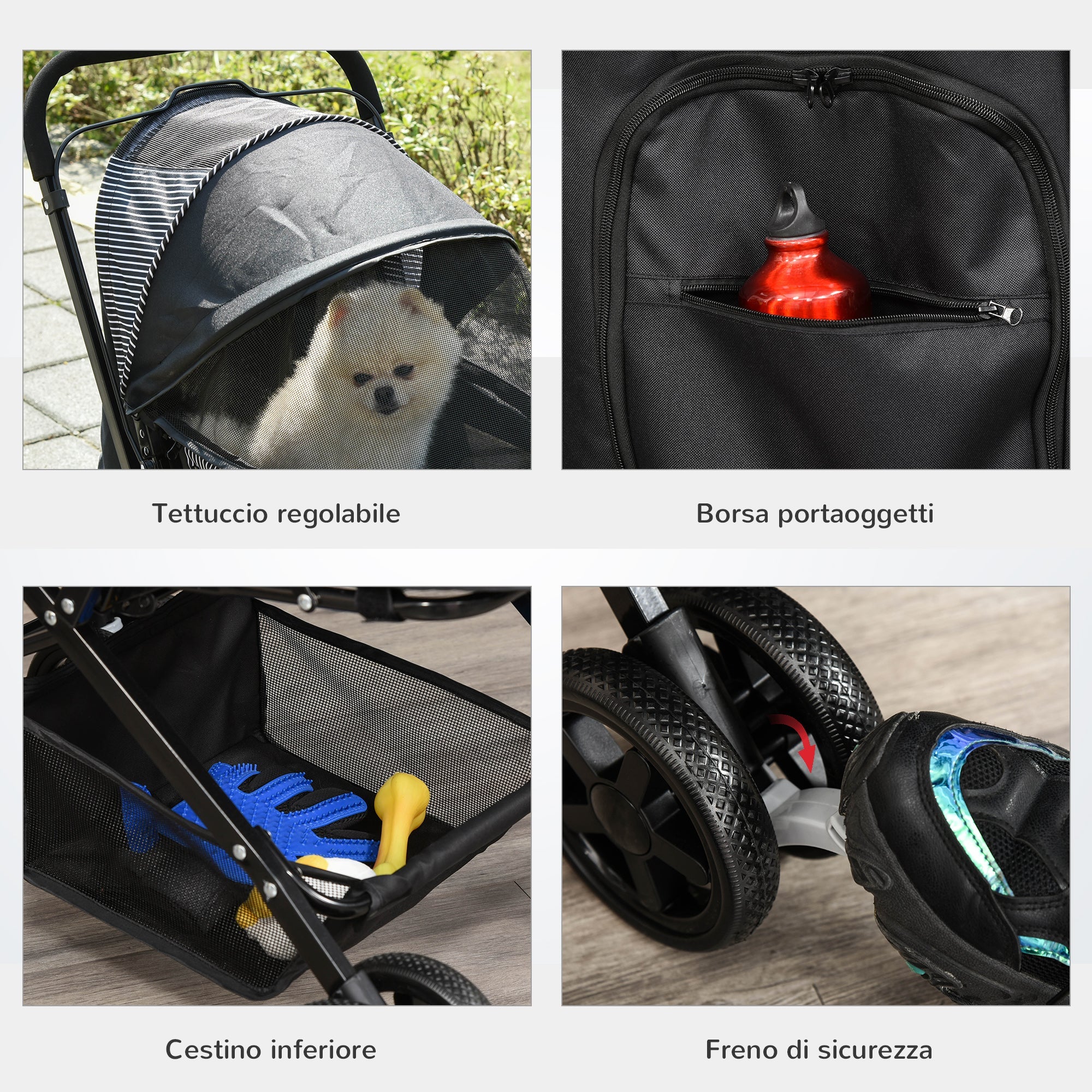 Passeggino per Cani Taglia Piccola 76,5x52x95 cm in Acciaio e Tessuto Oxford Nero
