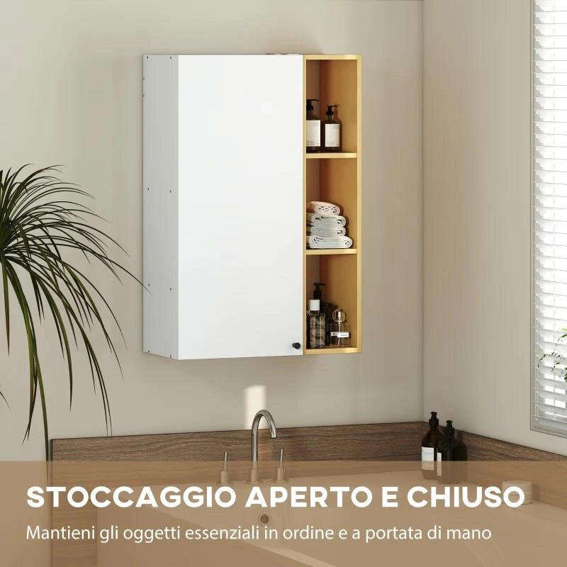 ARMADIETTO BAGNO A PARETE CON RIPIANI REGOLABILI E 3 MENSOLE APERTE, 59.5X30X90 CM, BIANCO E LEGNO