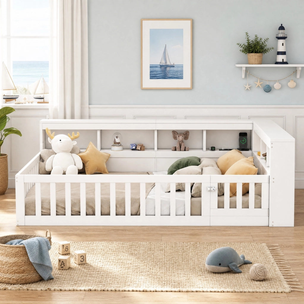 Daybett 140x190 cm con rete a doghe, vano contenitore laterale, prese USB, bianco