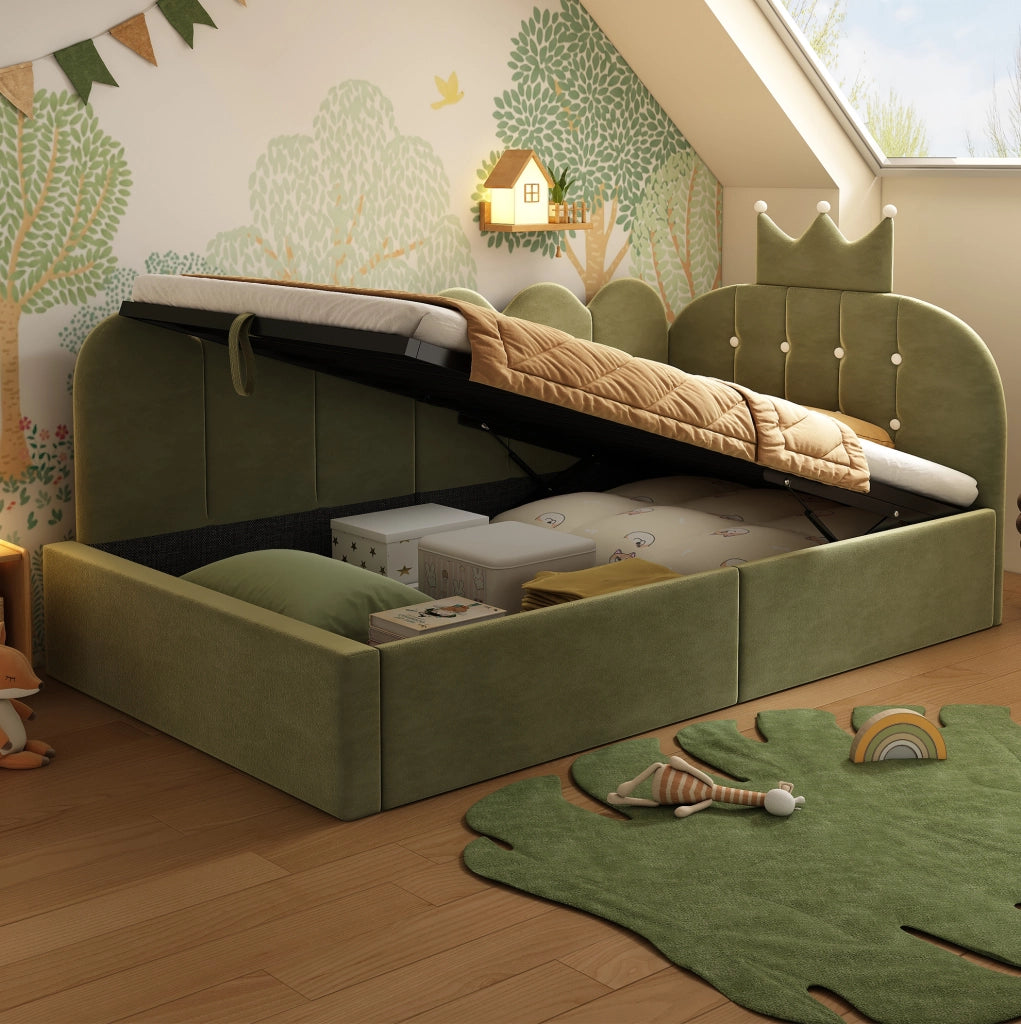Letto da giorno 90x200 cm a L con contenitore idraulico; velluto verde