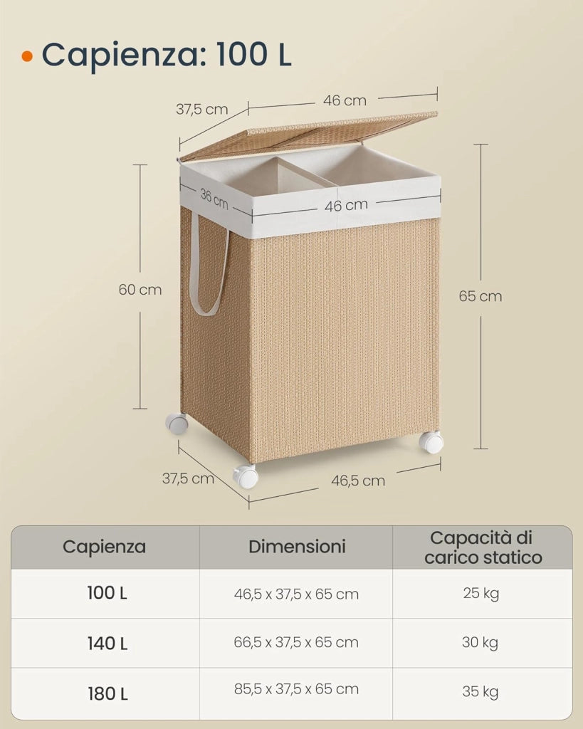 Cesto Portabiancheria a 2 Scomparti, Carrello Biancheria Sporca 100 L con Ruote Coperchio, Sacco con Manici, Effetto Rattan, Lavanderia Bagno, Beige Naturale e Bianco Opaco LCB601N01