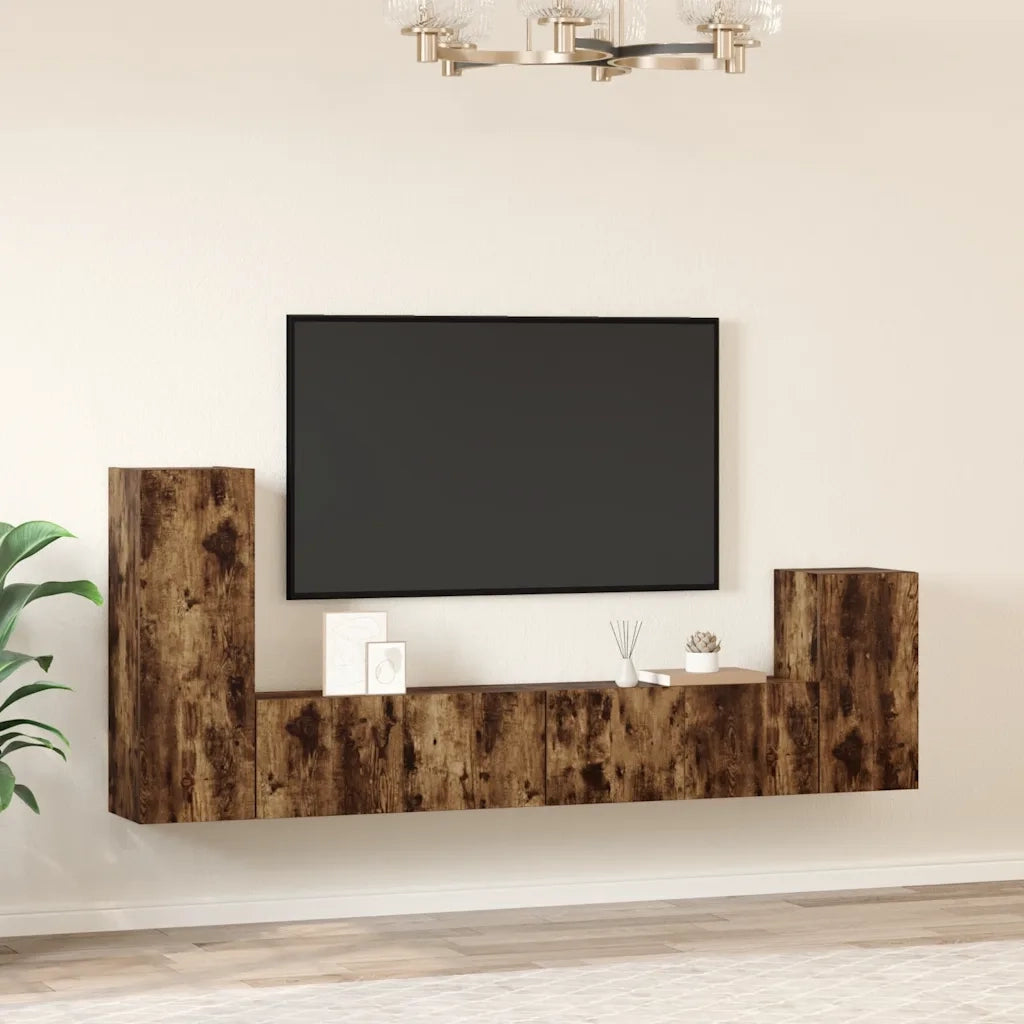 Set di Mobili Porta TV 4 pz Rovere Fumo in Legno Multistrato cod mxl 12128