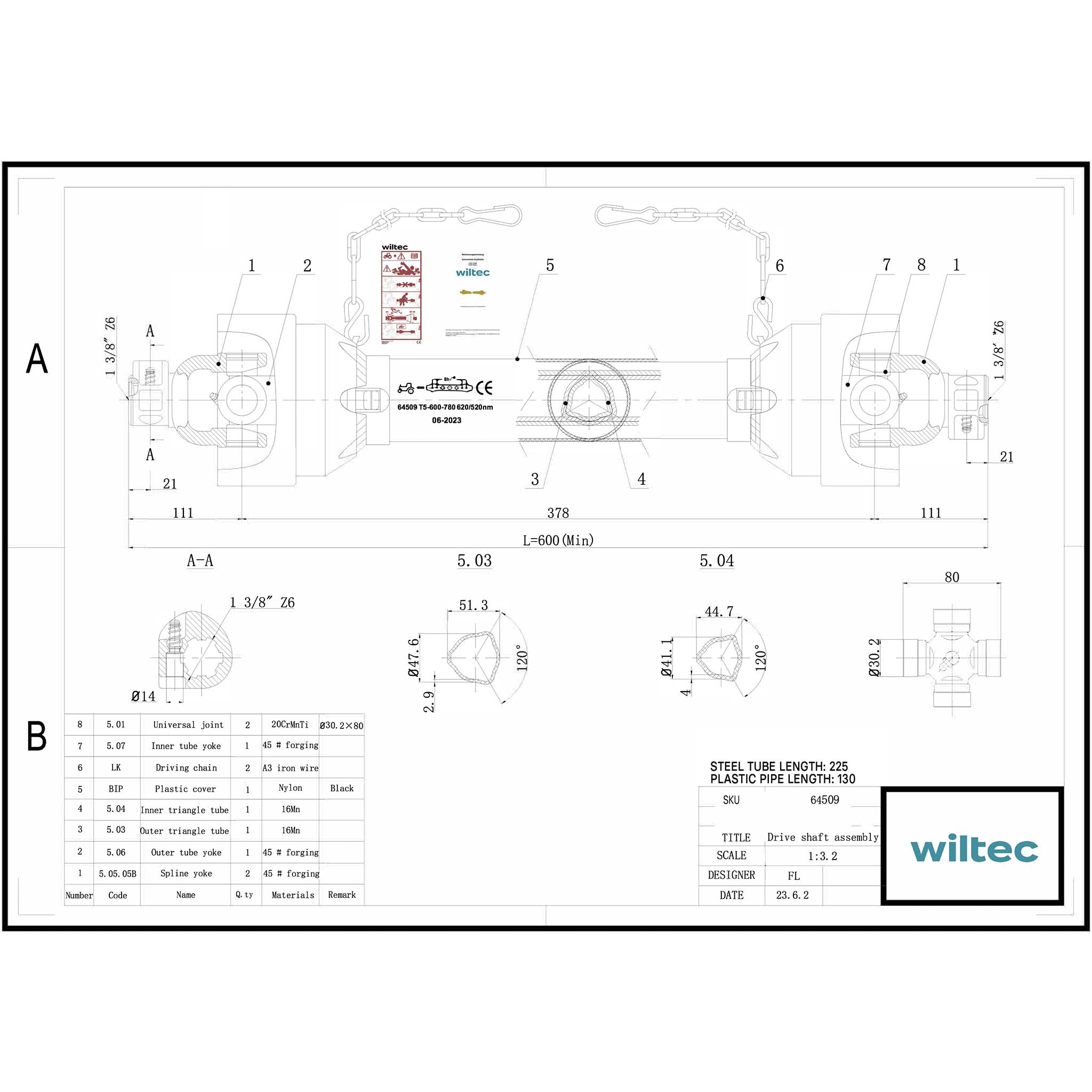 Albero cardanico T5 Giunto cardanico 600mm 620Nm 540rpm Cardano 54kW (74CV) 2x 1 3/8" 6 denti