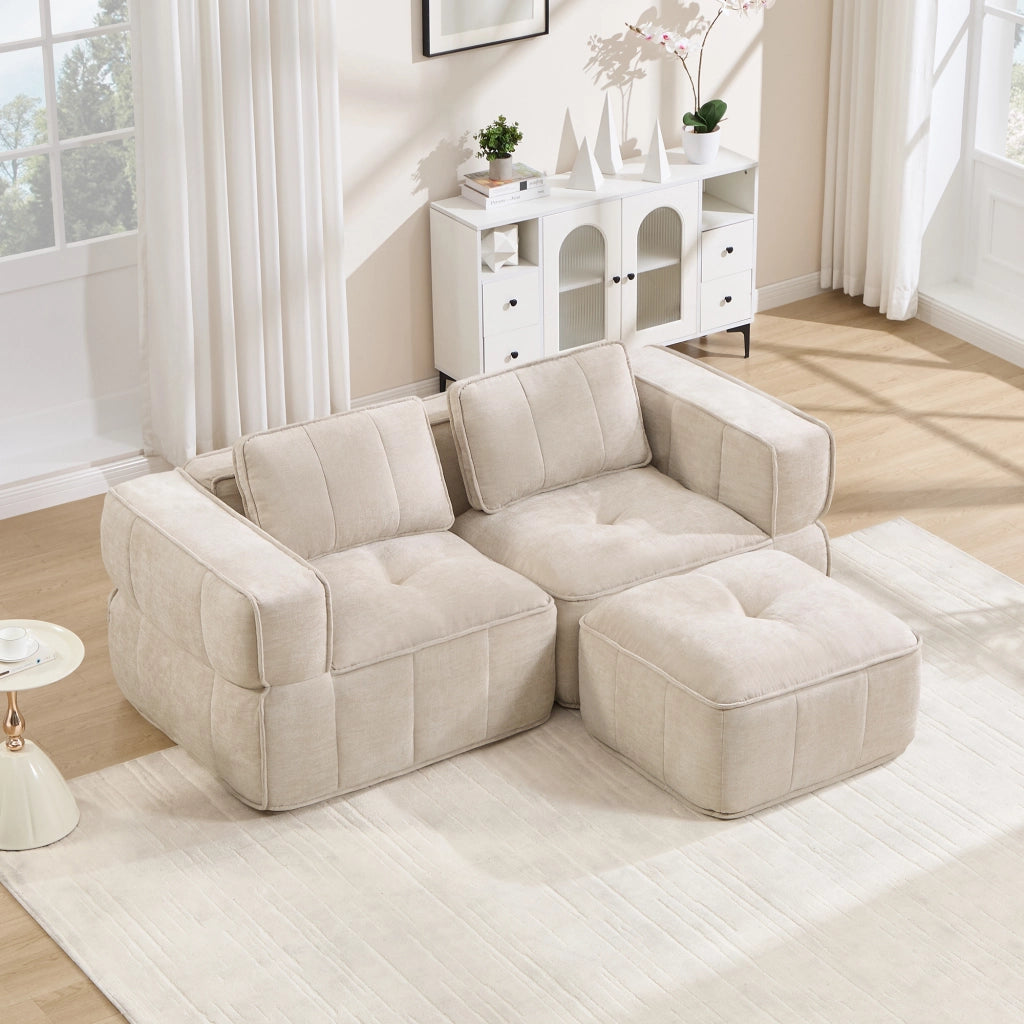 Divano modulare senza struttura con pouf in poliestere, ampia seduta e base antiscivolo per soggiorno beige