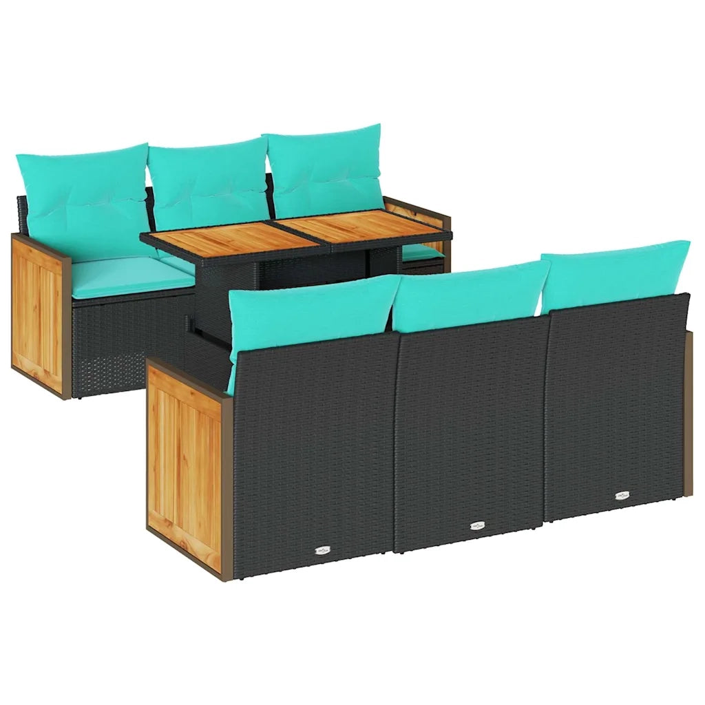 Set Divani da Giardino con Cuscini 7pz Nero Polyrattan Acacia