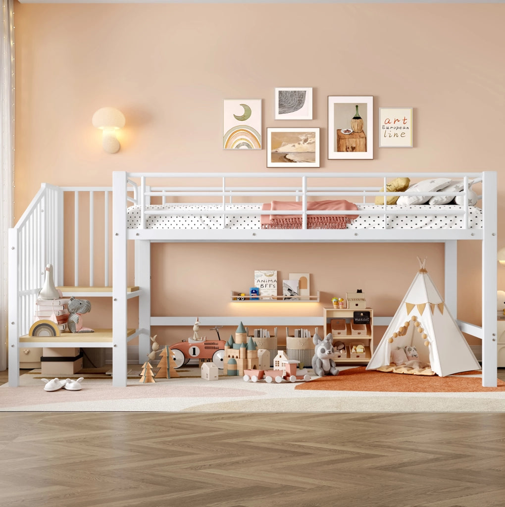 Letto a soppalco 90x200 cm con scala contenitore in MDF e metallo bianco