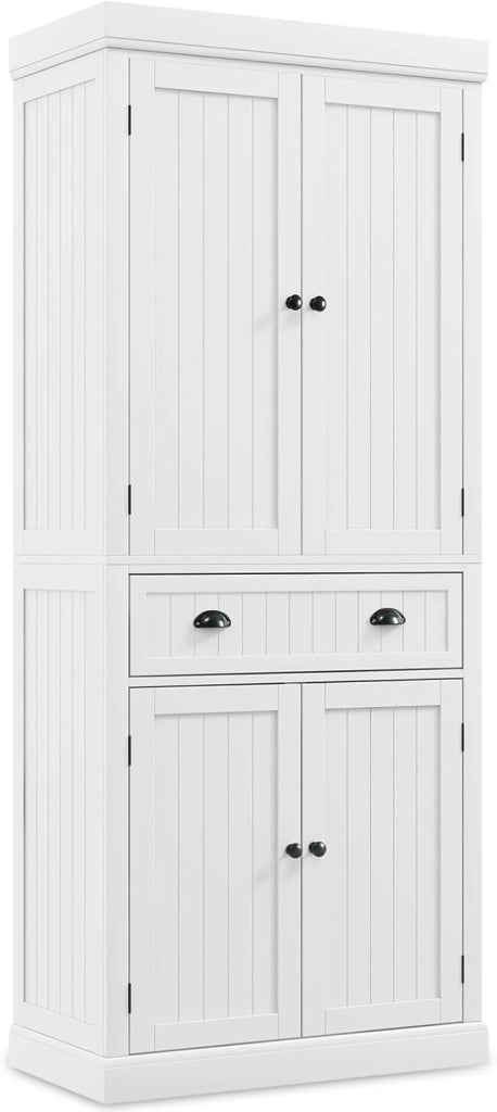 Credenza Alta Cucina, Mobile da Cucina Moderno con 2 Ante e Cassetto, con Ripiani Regolabili, Dispensa Cucina per Soggiorno, Cucina e Sala da Pranzo, 76 x 40 x 183 cm (Bianco)