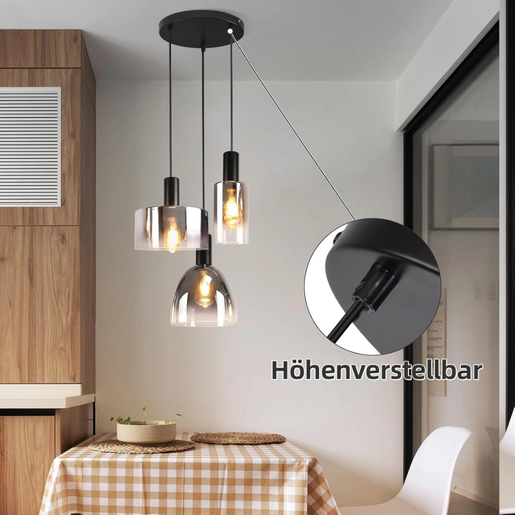 ZMH Lampada a Sospensione 3 Luci E27 Vintage Vetro Fum¨¦ Altezza Regolabile per Cucina Camera Senza Lampadina