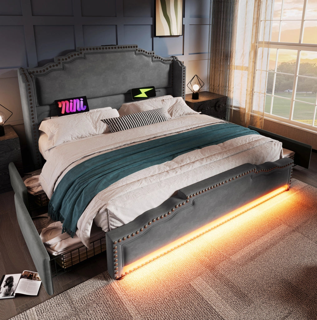 Letto matrimoniale 180x200 cm in velluto grigio con LED; USB e 4 cassetti