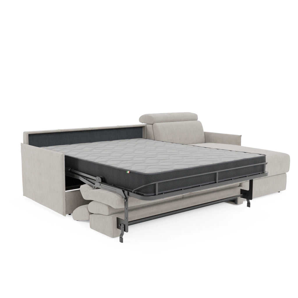 Miryam divano letto angolare compatto - poggiatesta reclinabili e penisola contenitore in tessuto smacchiabile T31 232 cm sinistro bianco