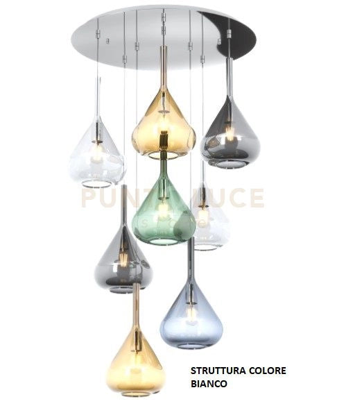 SOSPENSIONE BIANCO 8 LUCI TONDA VETRI 2X TR + 2X AM + 2X FU + 1X VE + 1X BL 1177BI-S8 T-MC