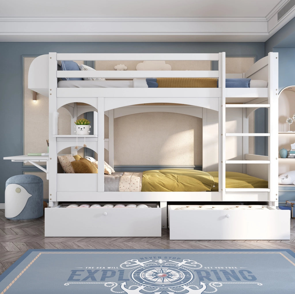 Letto a castello per bambini 90x200 cm con scrivania pieghevole; 2 cassetti; legno bianco