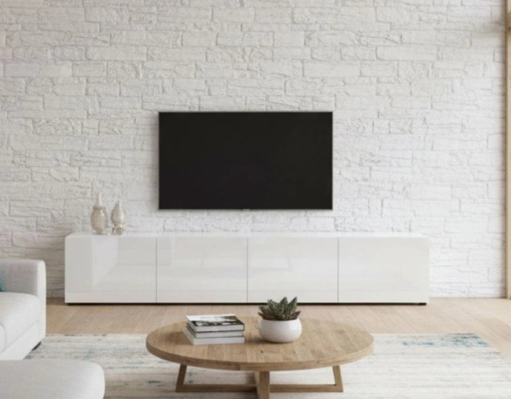 Mobile porta TV Ame, Credenza da soggiorno, Armadio basso per TV, Base parete attrezzata, Made in Italy, 225x38h39 cm, Bianco lucido