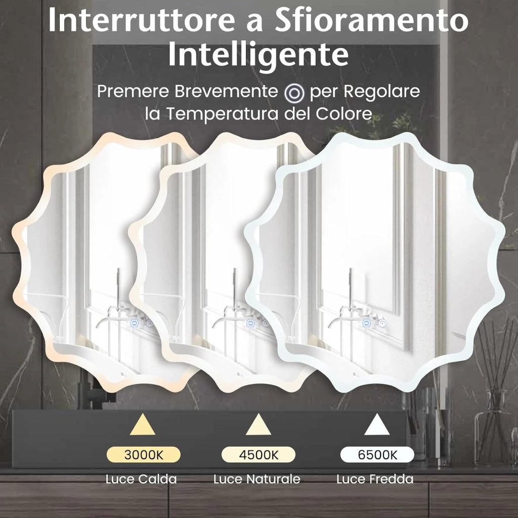 60x60cm Specchio da Bagno a LED, Specchio da Parete Rotondo con Bordo Ondulato, Luci 3 Colori e Anti-appannamento, Specchio per Trucco Illuminato Regolabile con Luce Anti-esplosione e Pulsante
