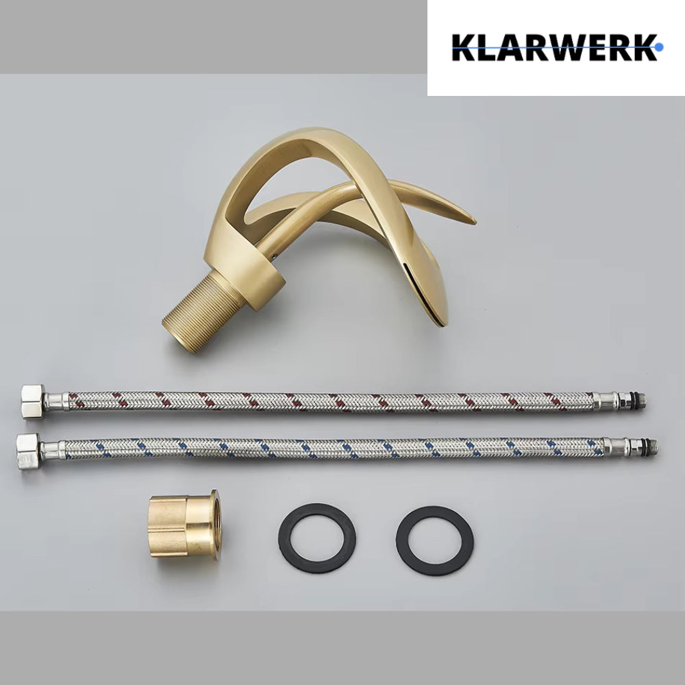 NAVIS | Rubinetto da bagno a cascata di design oro opaco | Elegante in acciaio inossidabile premium per lavelli | Miscelatore hotel 2 attacchi