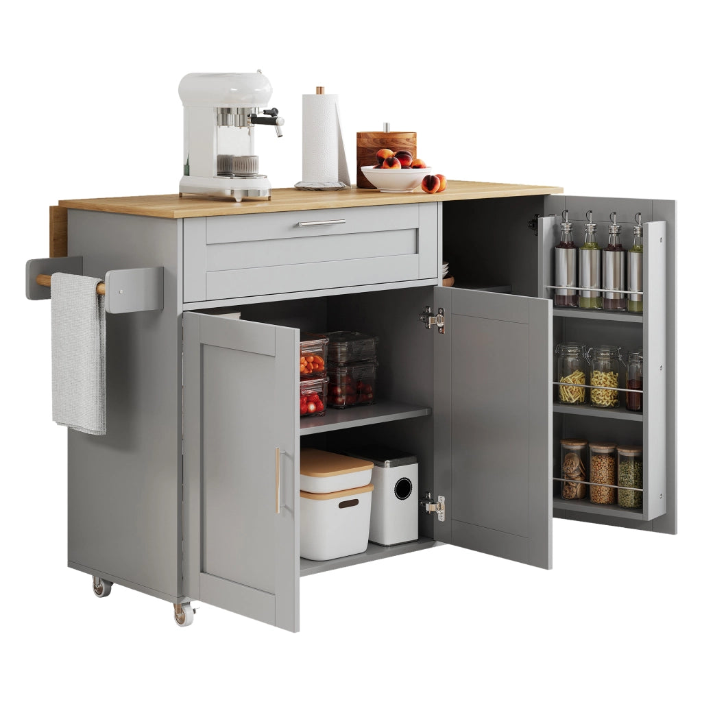 Isola da Cucina Mobile 132,5x44/70x90 cm Grigia con Piano Effetto Rovere, Cassetto e 5 Ruote