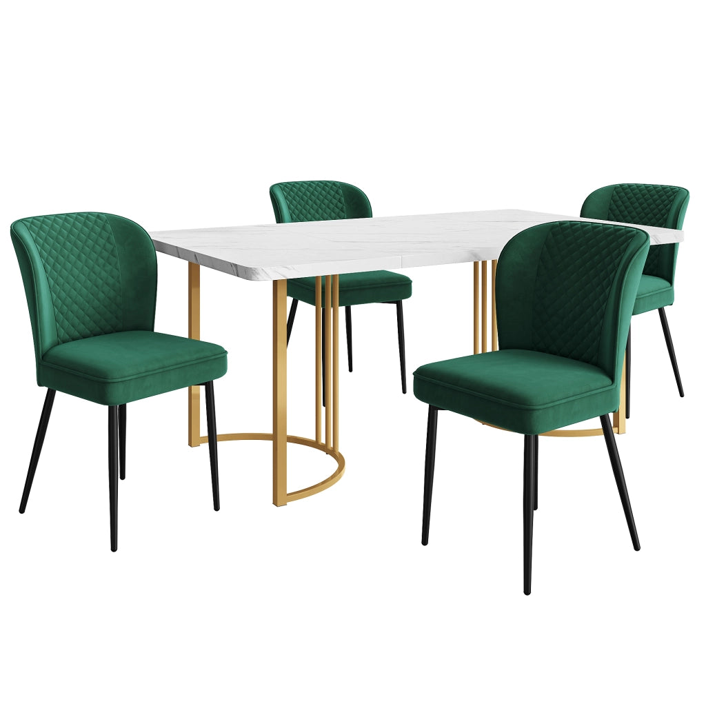 Tavolo da pranzo con 4 sedie imbottite, piano in MDF, sedute in velluto, per sala da pranzo, verde, 140 × 80 × 75 cm
