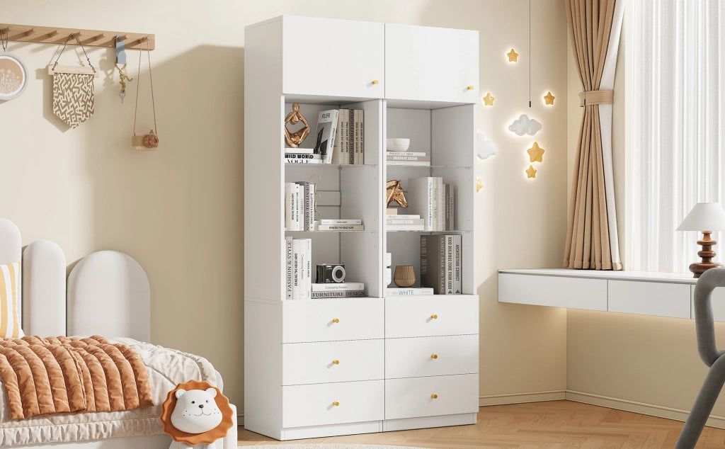 Vetrina alta bianca con ante, ripiani in vetro regolabili e 3 cassetti, set da 2, 100×40×180 cm