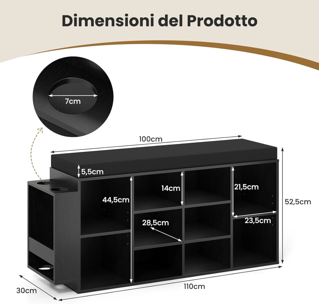 Panca Porta Scarpe con Portaombrelli, Scarpiera da Ingresso a 10 Scomparti con Seduta Imbottita, Ripiani Regolabili e Removibili per Corridoio, Soggiorno e Camera da Letto (Nero)