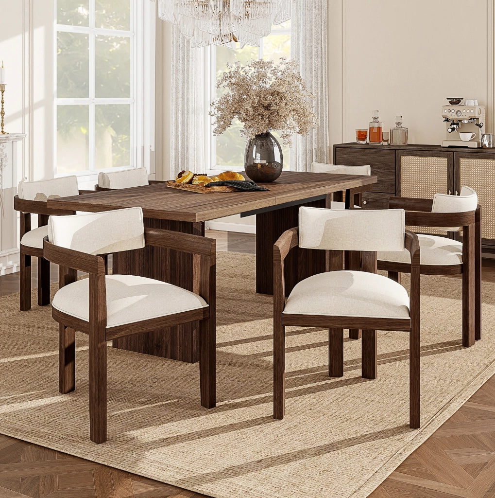 Set di 4 sedie da pranzo con braccioli in legno e lino