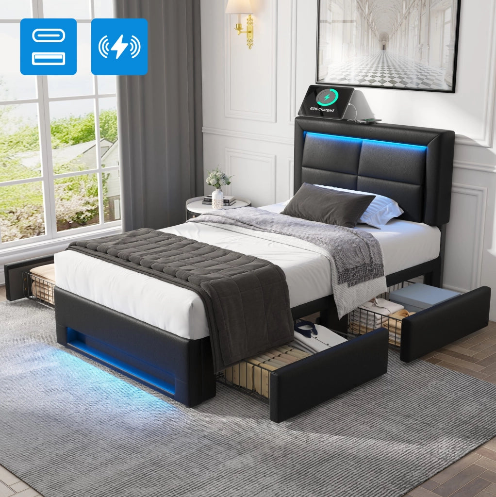 Letto imbottito 90x200 cm in PU nero con USB; illuminazione LED e 4 cassetti