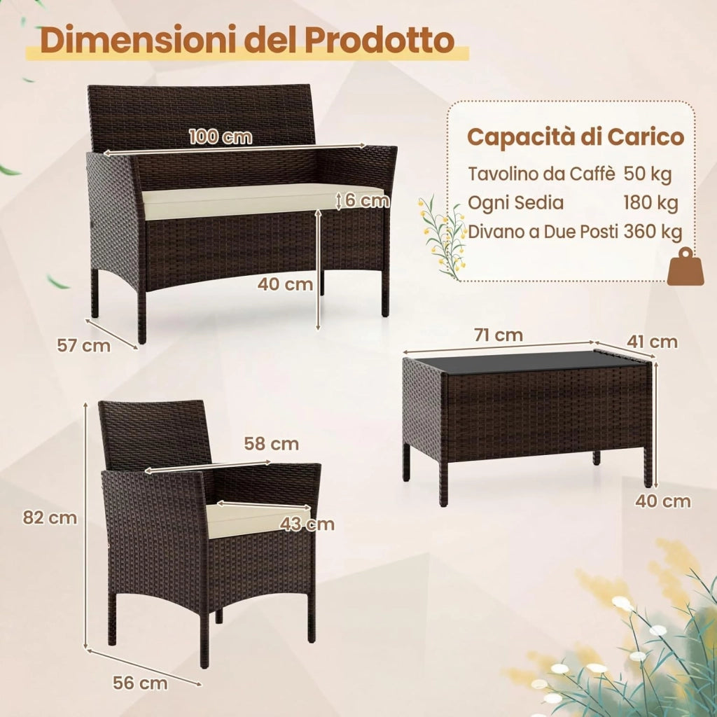 Salotto da Giardino Esterno 4 Pezzi, Set Giardino Esterno con Divanetto, 2 Poltrone e Tavolino da Caffè in Vetro Temperato, Salotto da Patio con Cuscini per Balcone, Veranda (Marrone+Beige)
